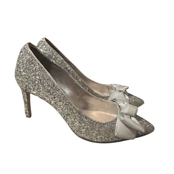 DUNE London Silver Glitter Bow Heels Size 38 / US 8 - Picture 6 of 11